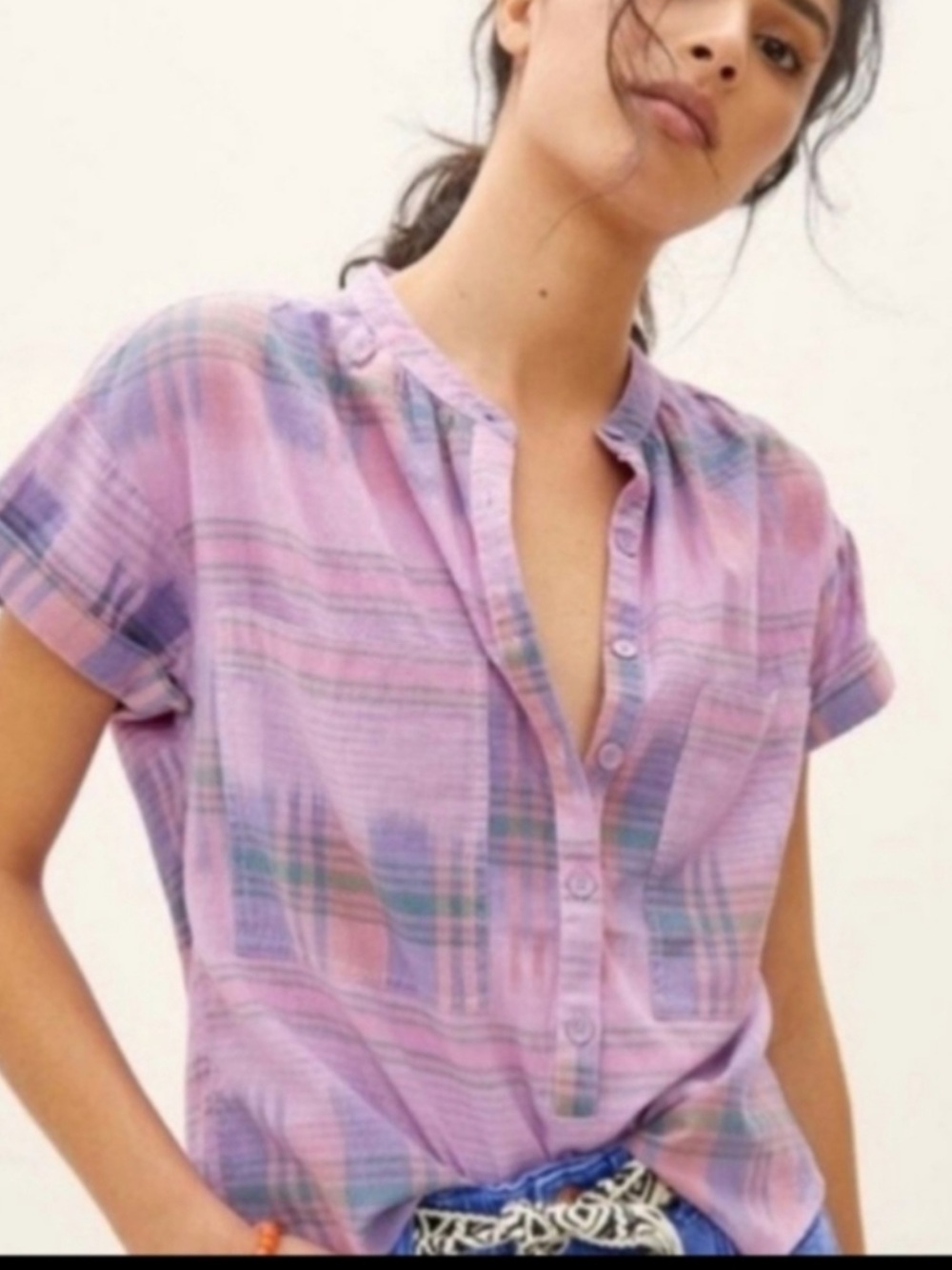Pilcro Lavender  Purple Plaid Hannah Surf Short-Sleeve Button Front Top